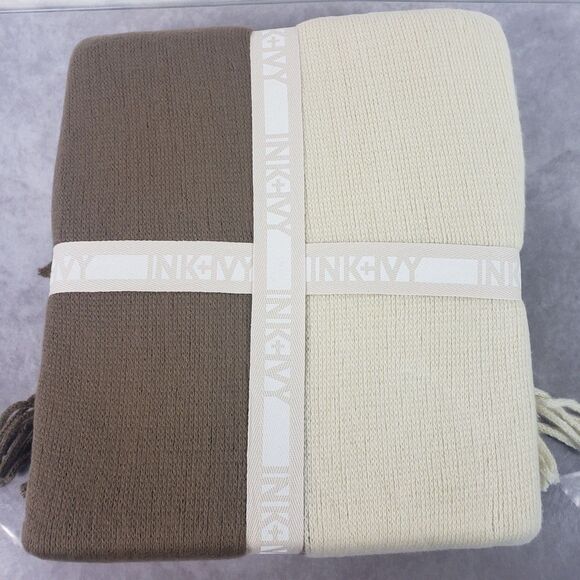 INKIVY Stockholm Throw Blanket Color Block Taupe Fringe Cozy 50 x 60 - Picture 5 of 5